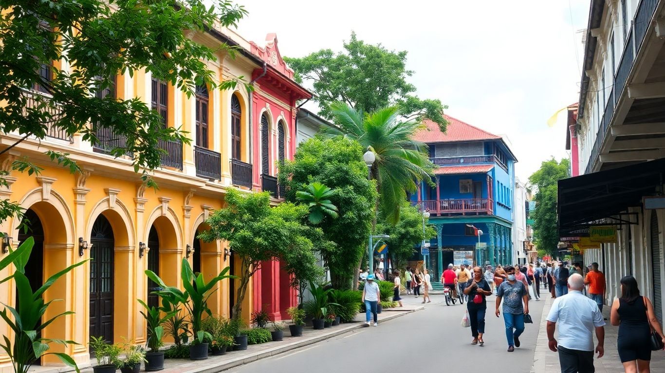 Colorful colonial buildings on a bustling street in Johor Bahru.
