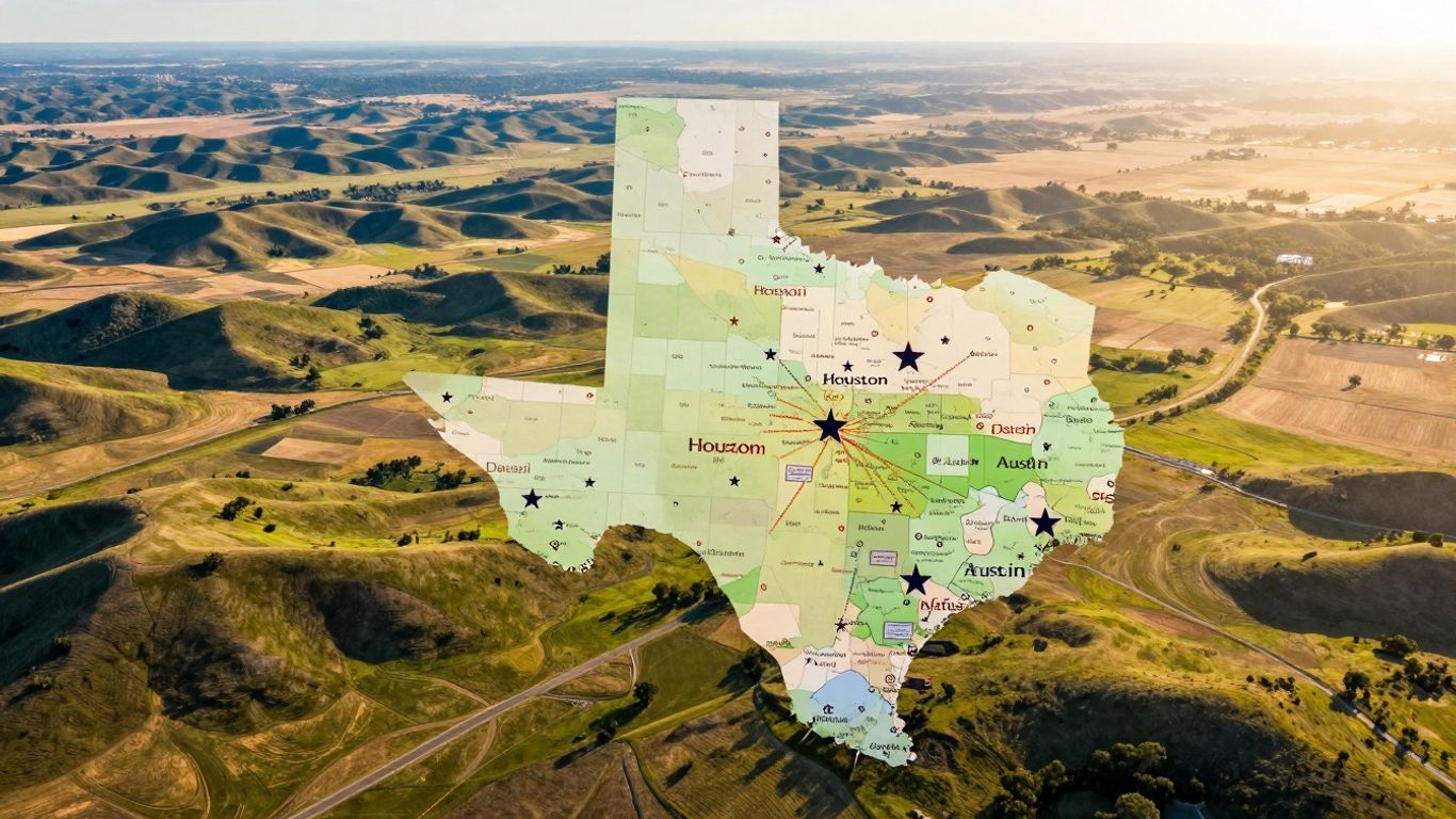 Texas map with major cities and landscapes.