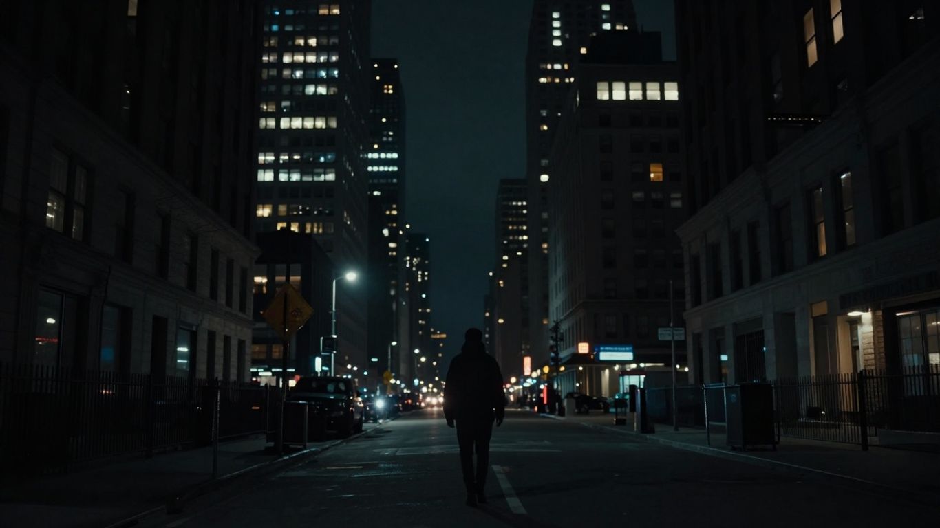 Urban landscape at night with a solitary figure.