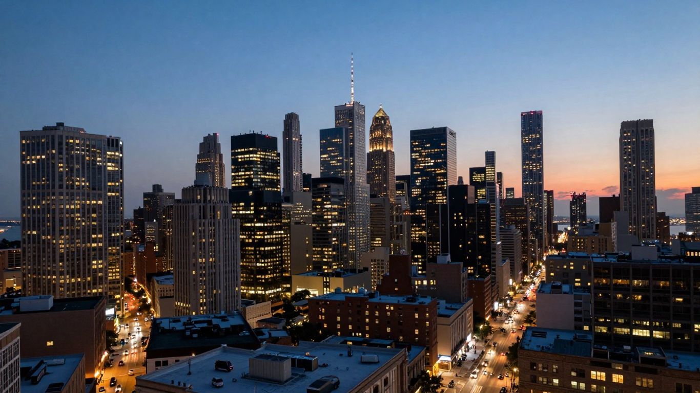 Vibrant cityscape at dusk with illuminated skyscrapers and busy streets.