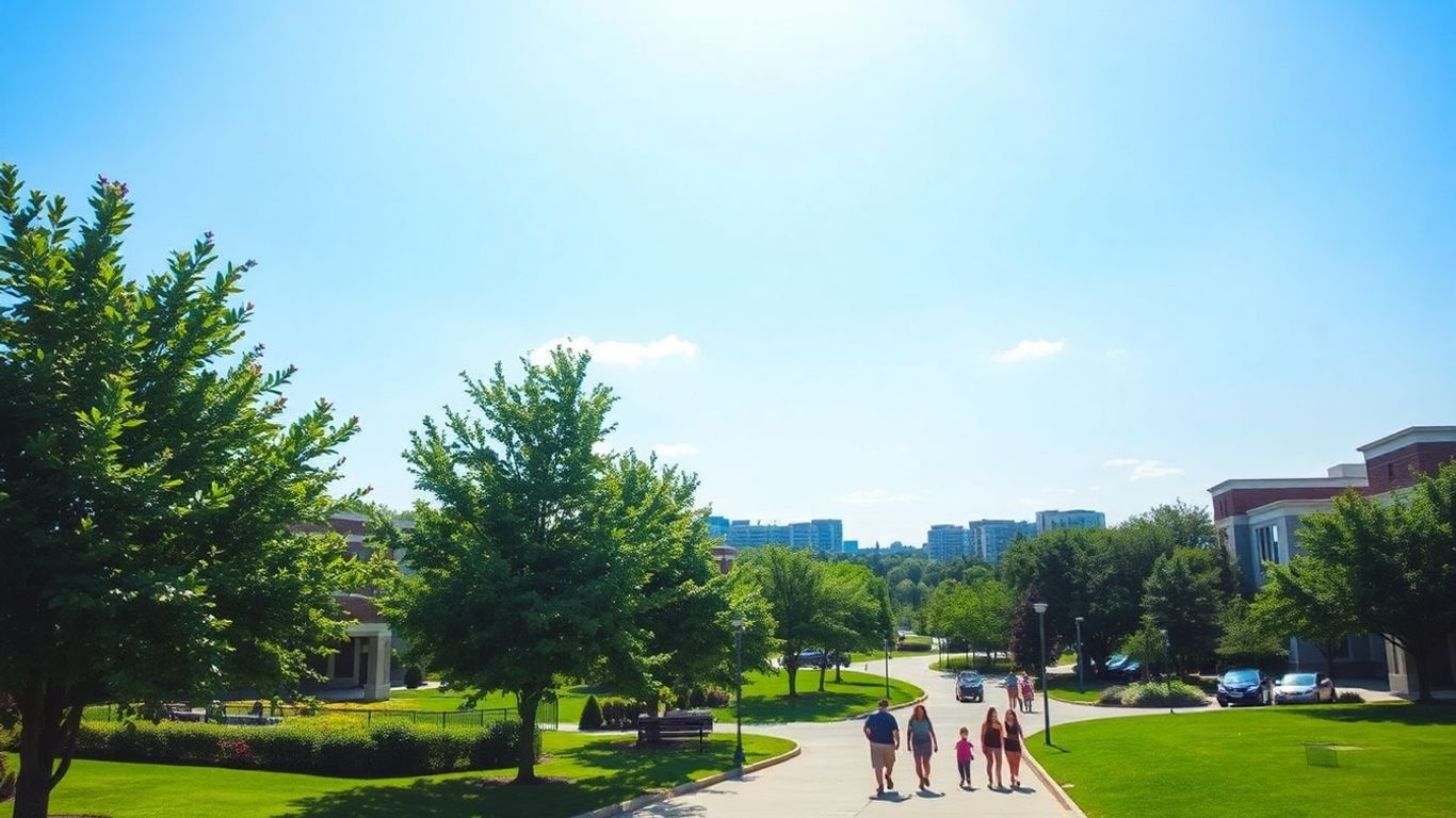 Overland Park, Kansas cityscape with parks and families.