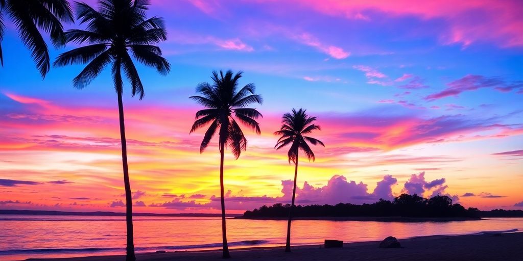 Sunset over Darwin's coastline with silhouetted palm trees.