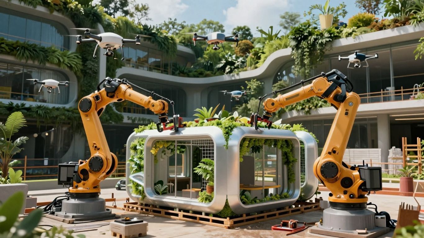 Futuristic smart construction site with robots and drones.