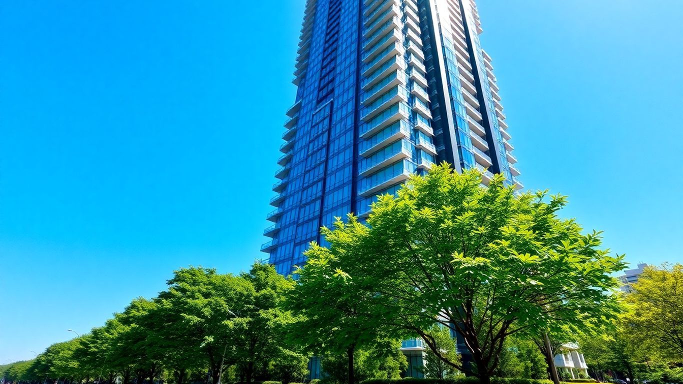 Modern skyscraper in Gurugram with green landscaping.