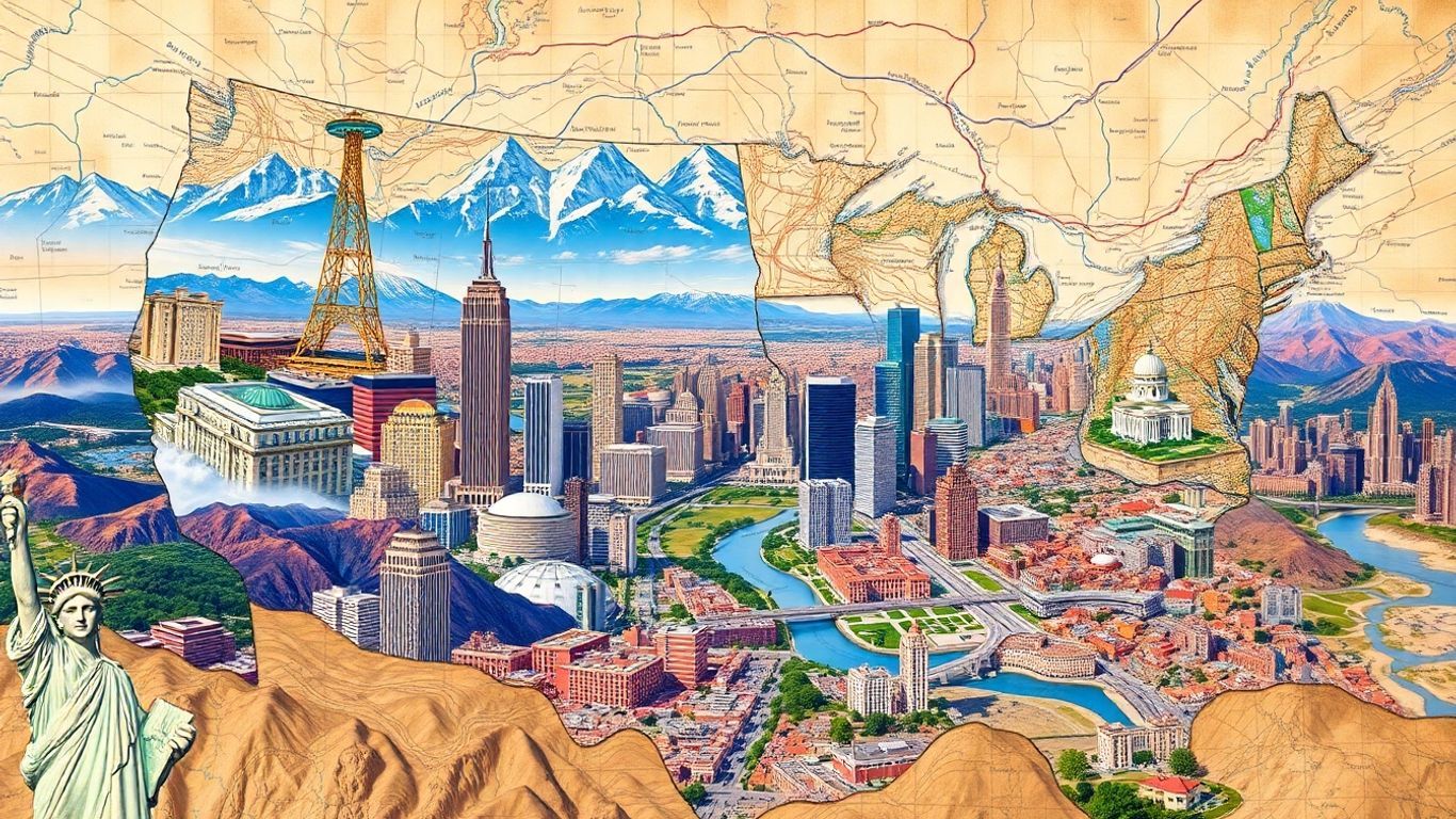 US maps and cities collage