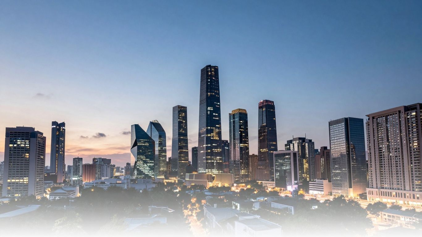 Vibrant cityscape at dusk with illuminated skyscrapers.
