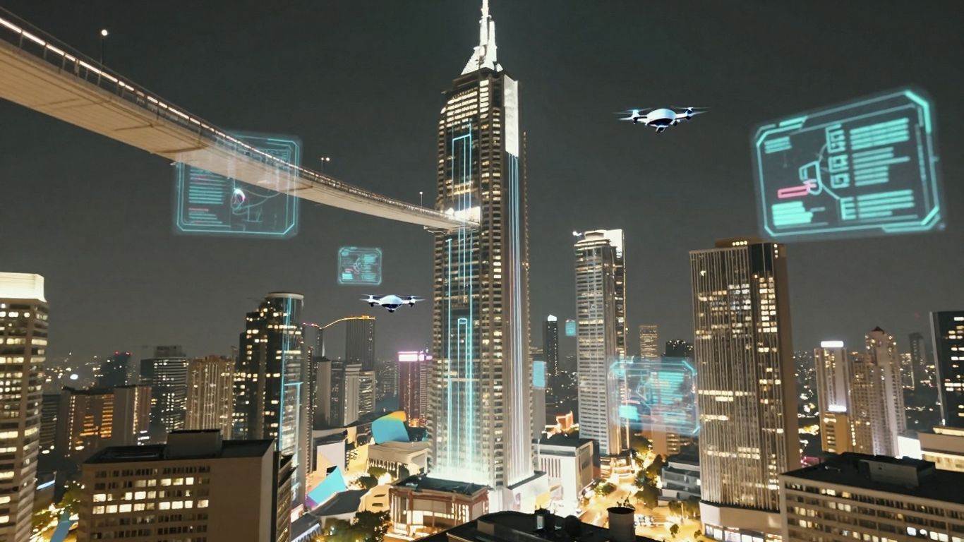 Futuristic cityscape with glowing data streams and drones.
