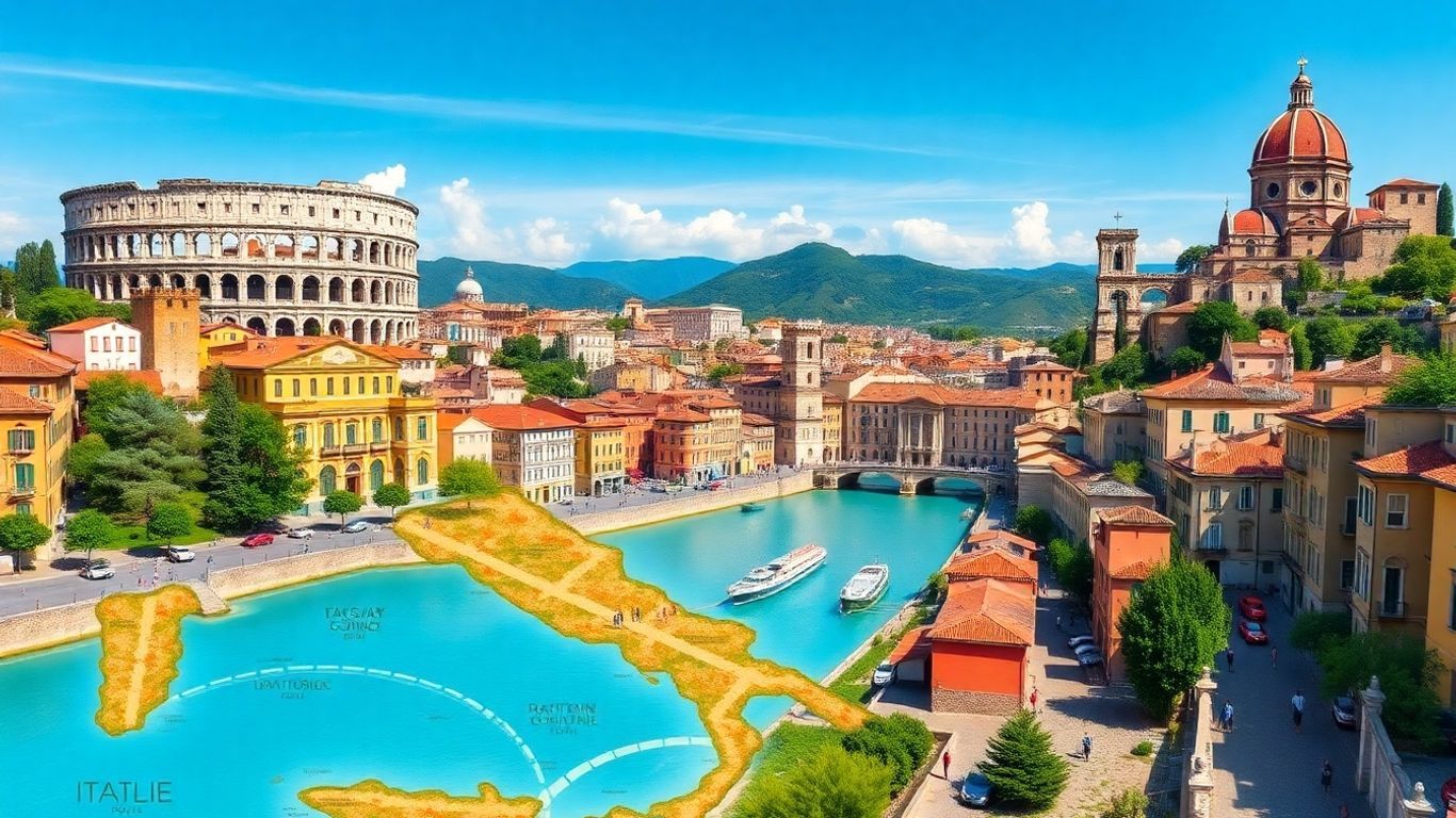 Map of Italy's cities with landmarks.