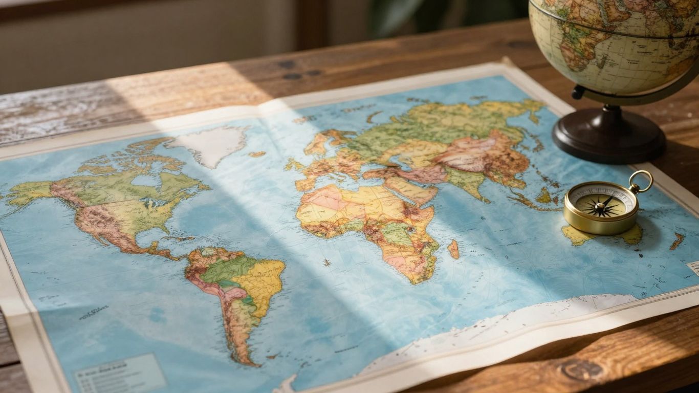 Detailed world map with compass and globe.