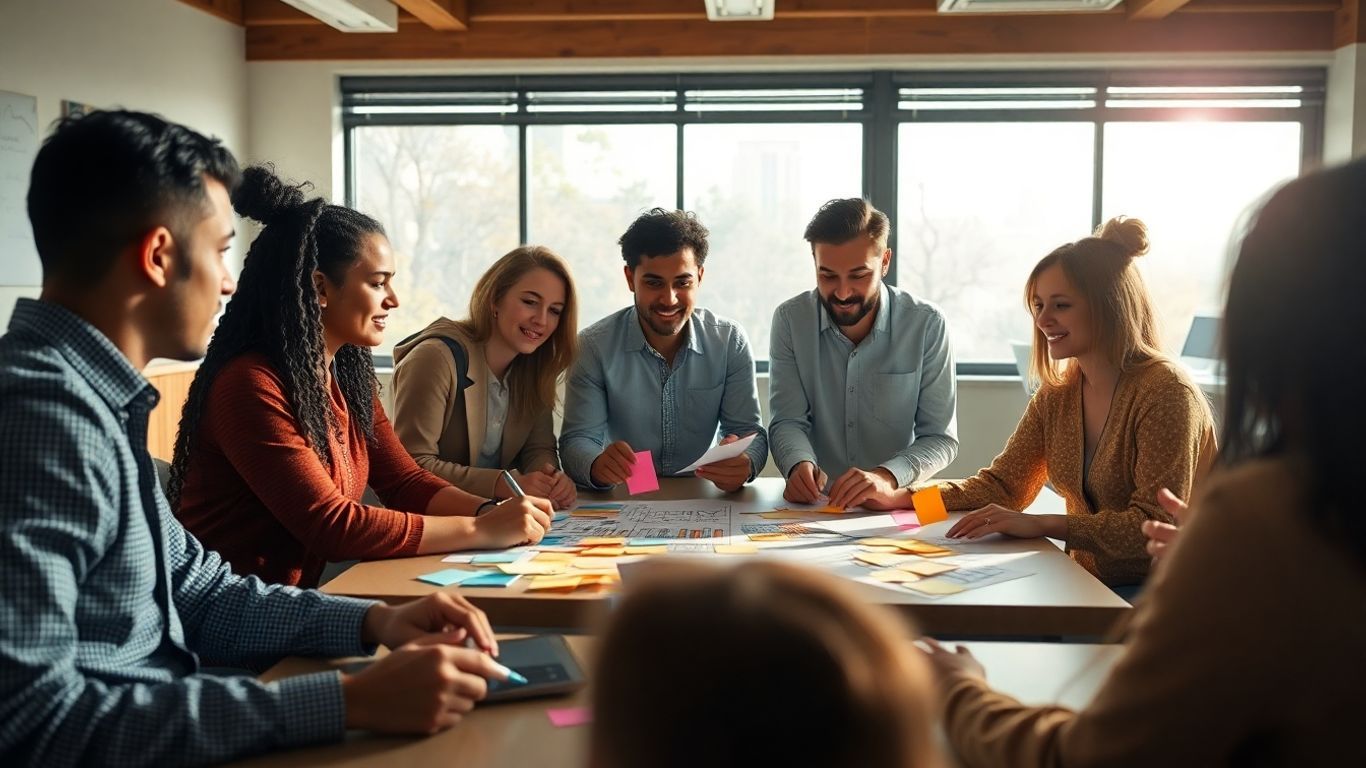 People brainstorming ideas with sticky notes and sketches.