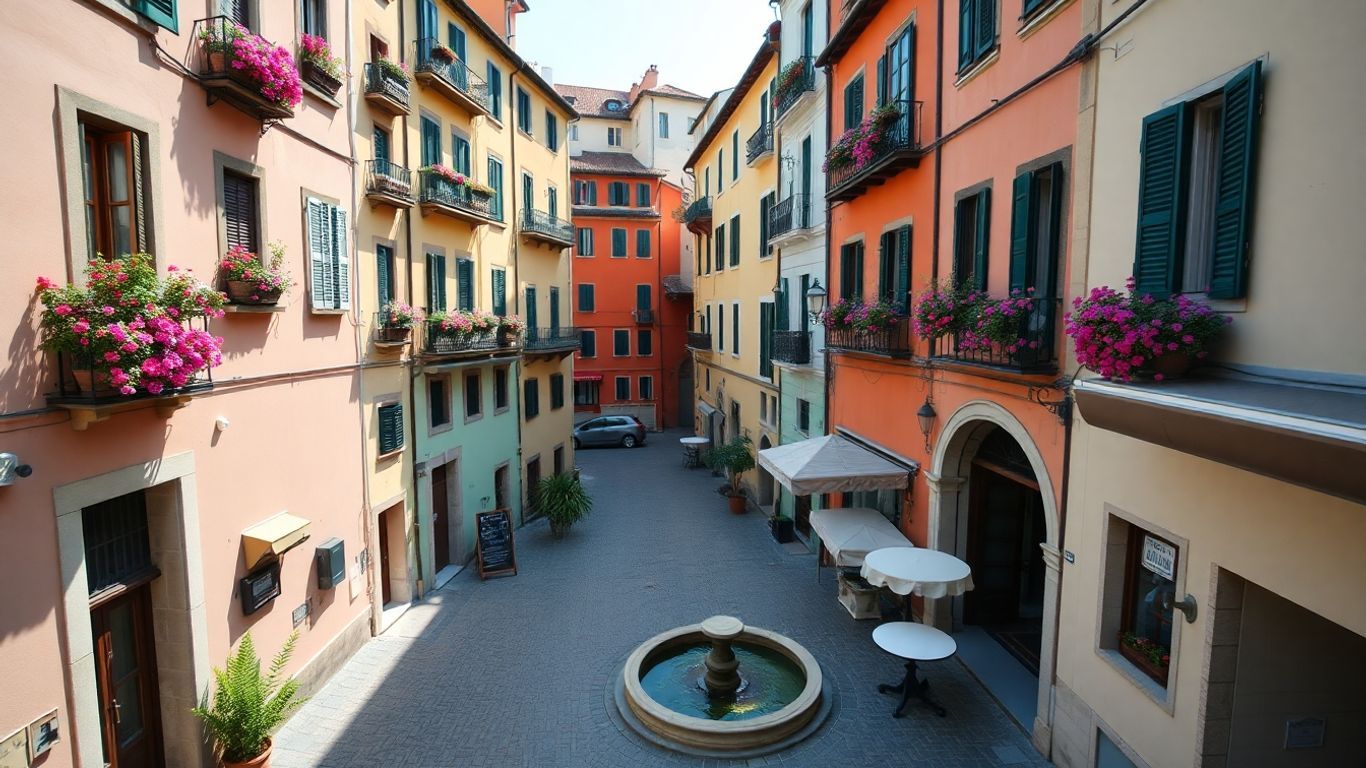Colorful Italian piazza with historic buildings and cafe.