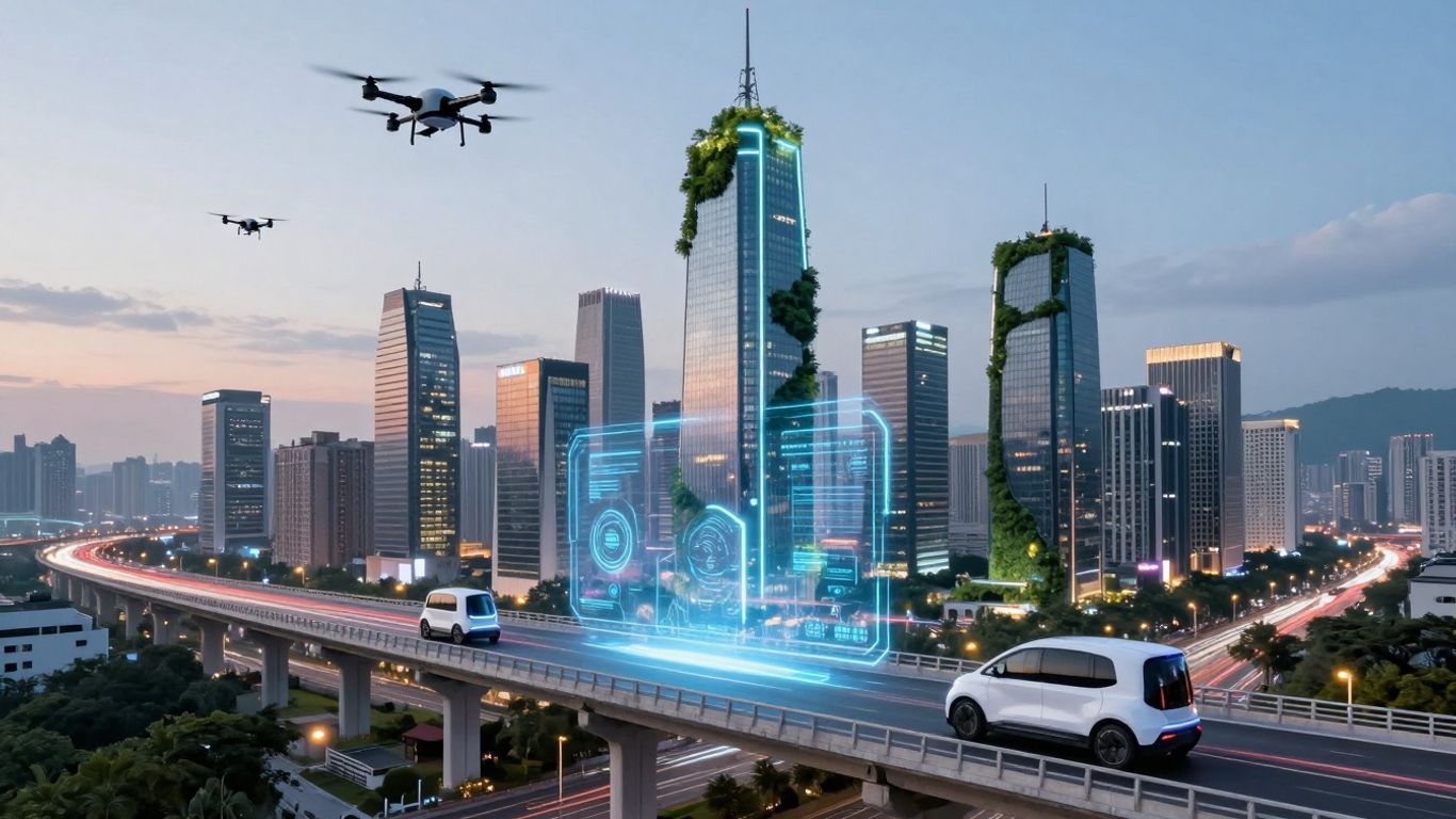Futuristic smart city skyline with glowing lights and flying vehicles.