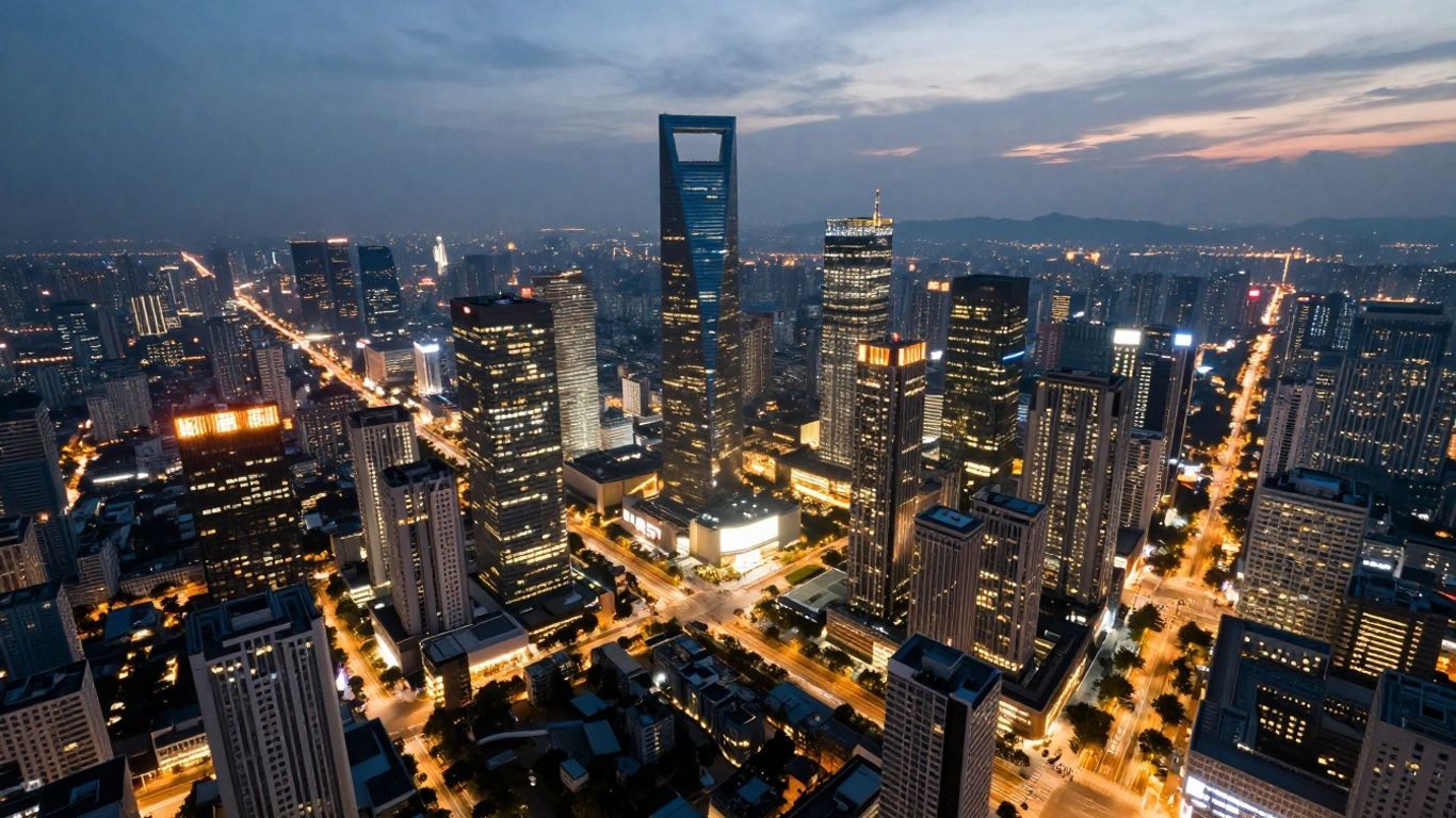 Panoramic view of a massive, illuminated city skyline at dusk.