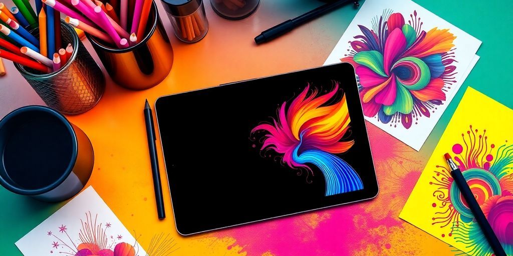 Colorful digital design tools and vector art in use.