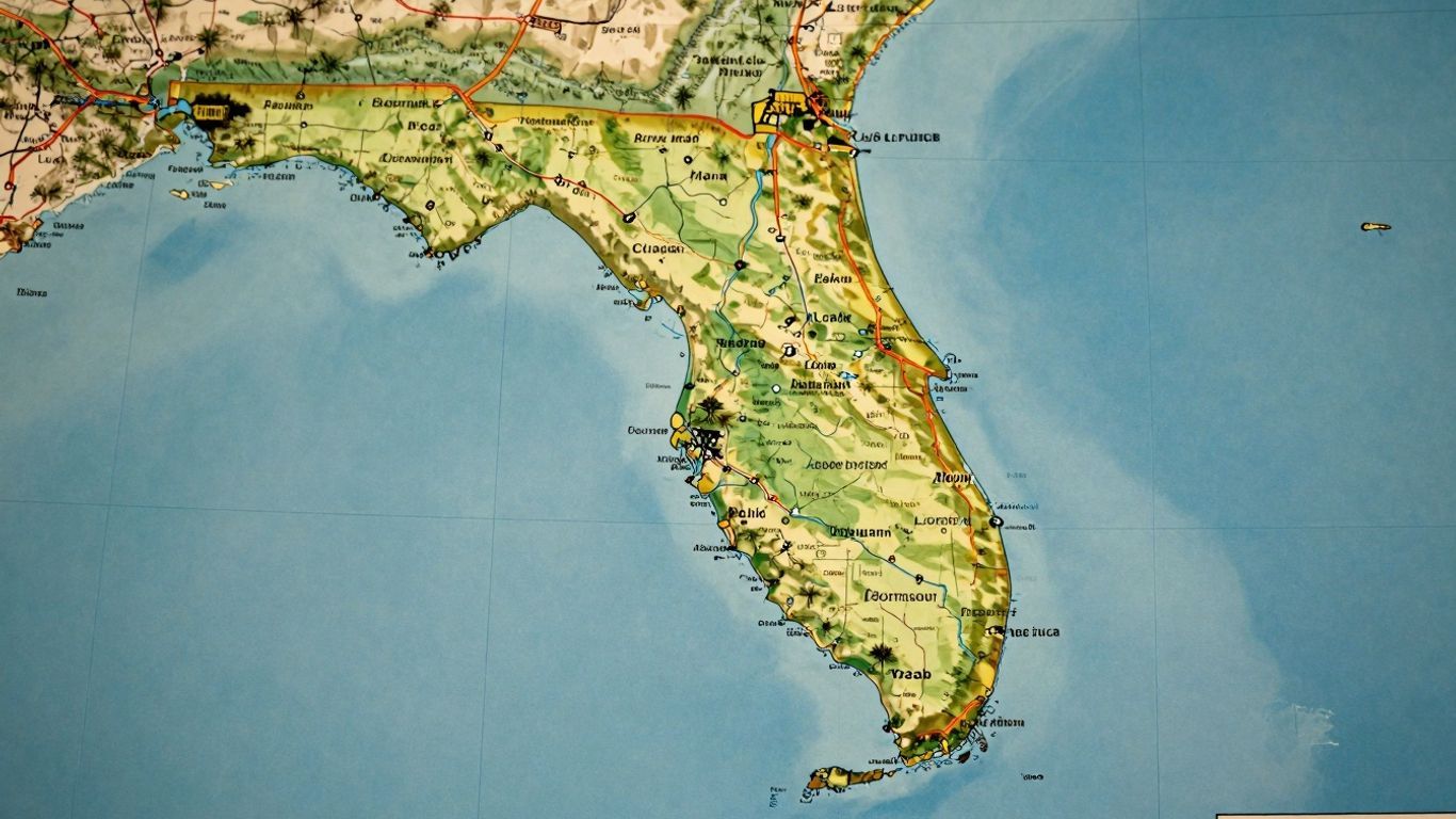 Florida map with cities and sunlight.