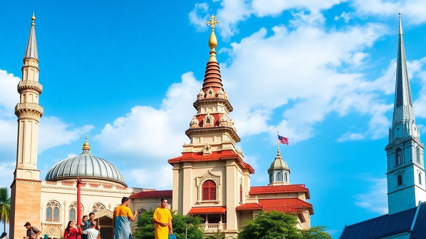 Malaysian religious landmarks and diverse cultural attire.