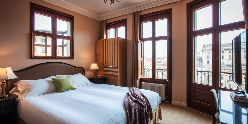 Cozy hotel room in Rome with elegant decor.