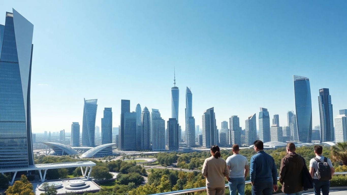 Futuristic city with diverse professionals collaborating outdoors