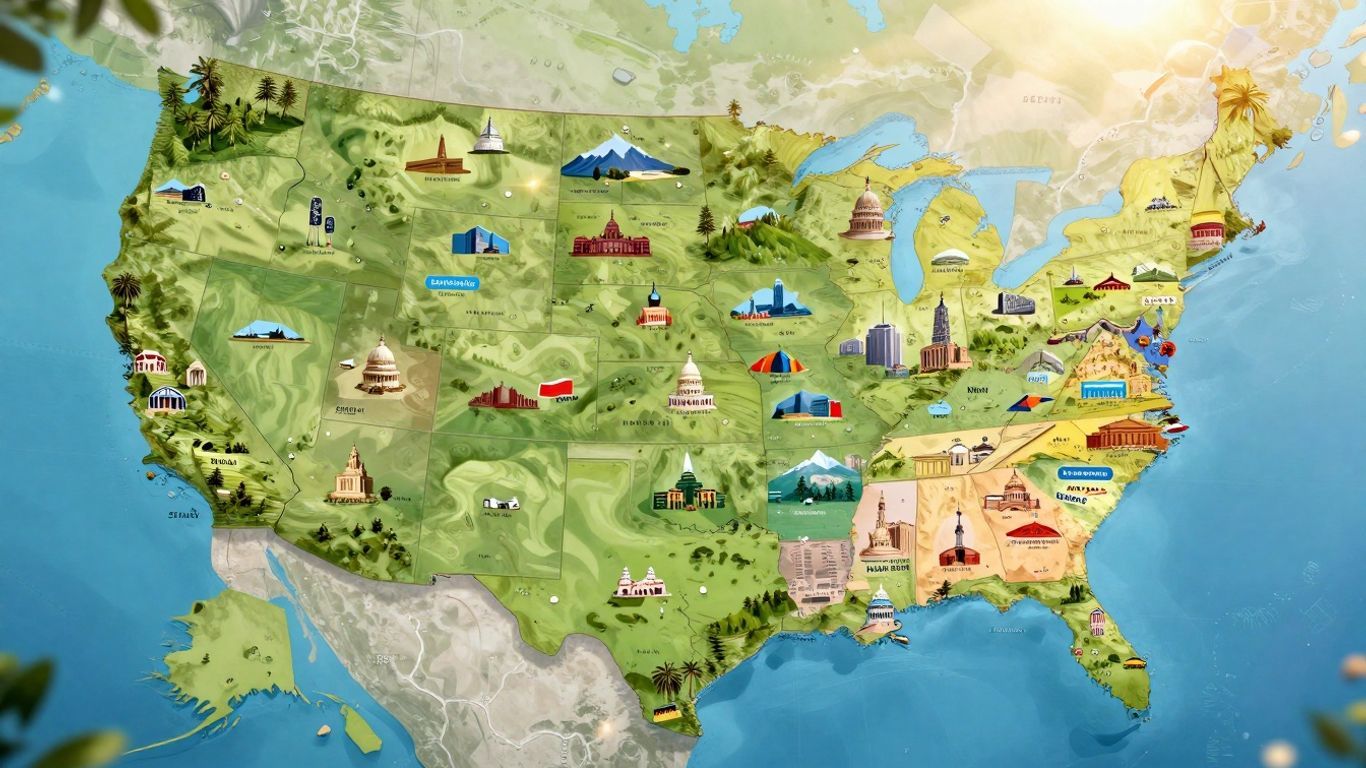 Interactive map of US capital cities and landmarks.