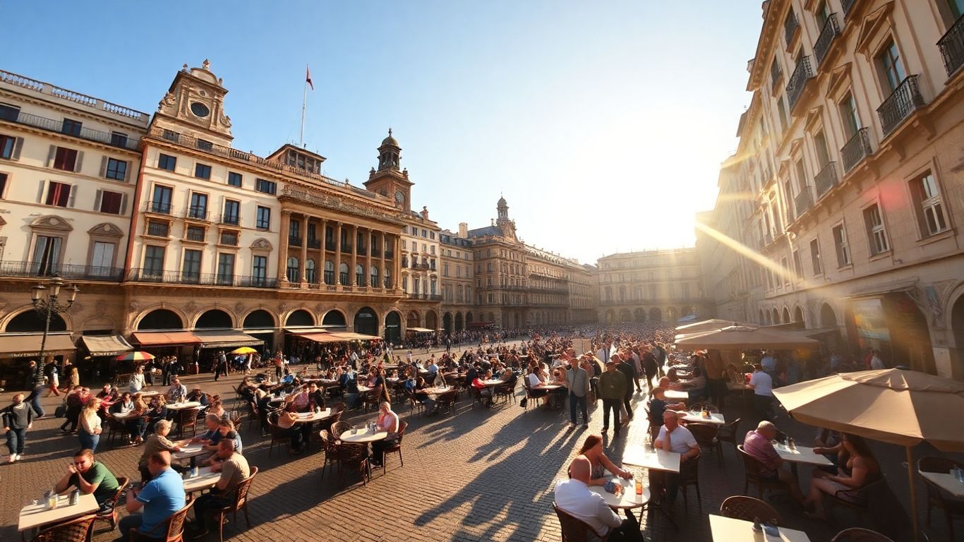 Madrid's Plaza Mayor with outdoor cafes and historic buildings.