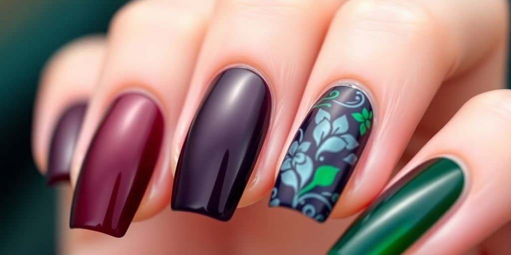 Close-up of nails in rich dark colors.