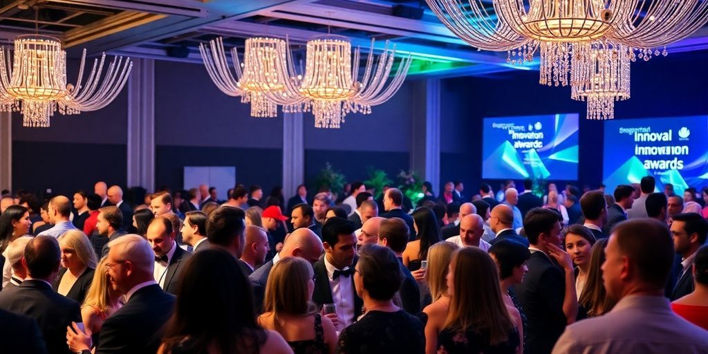 Professionals networking at an innovation awards ceremony.