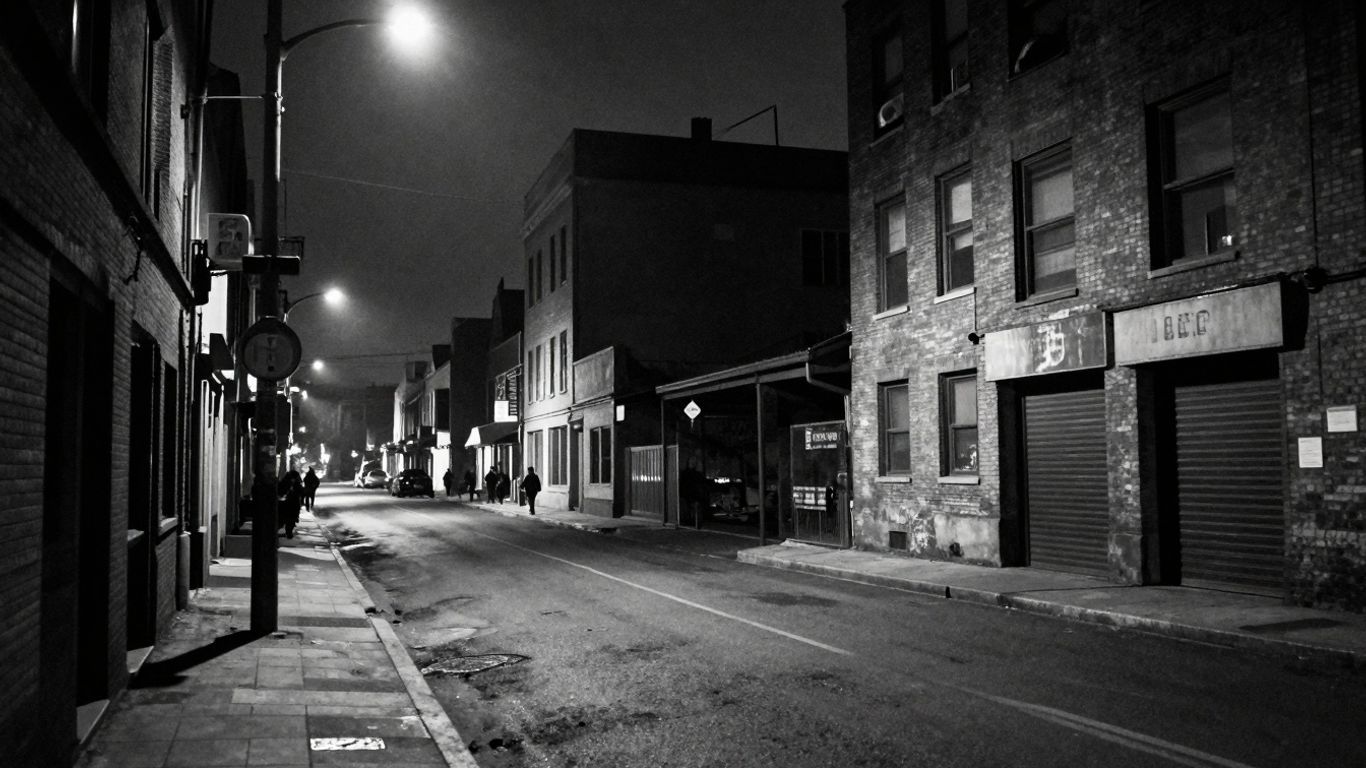 Urban street at night with ominous shadows.