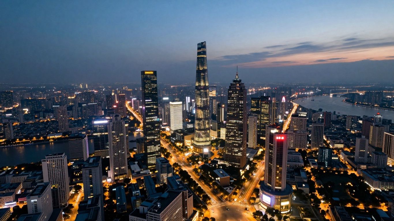Vast illuminated cityscape at dusk with skyscrapers.