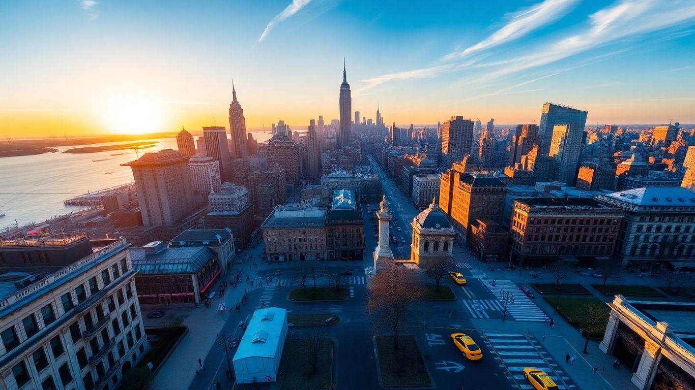 New York City skyline with tourists and yellow taxis