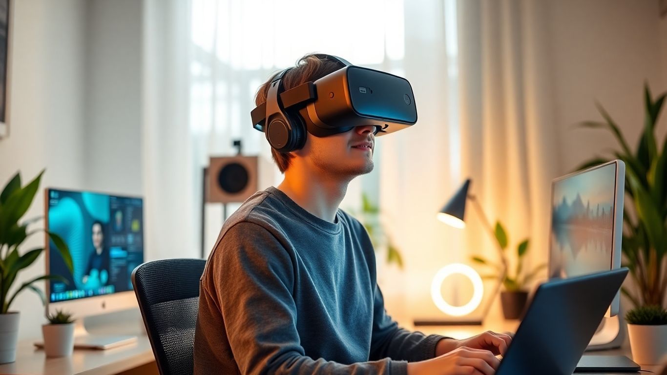 Person using VR headset in stylish home office