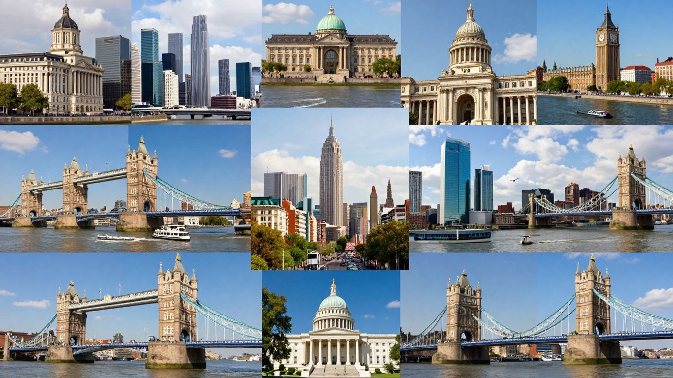 Collage of global city landmarks for travel guides.