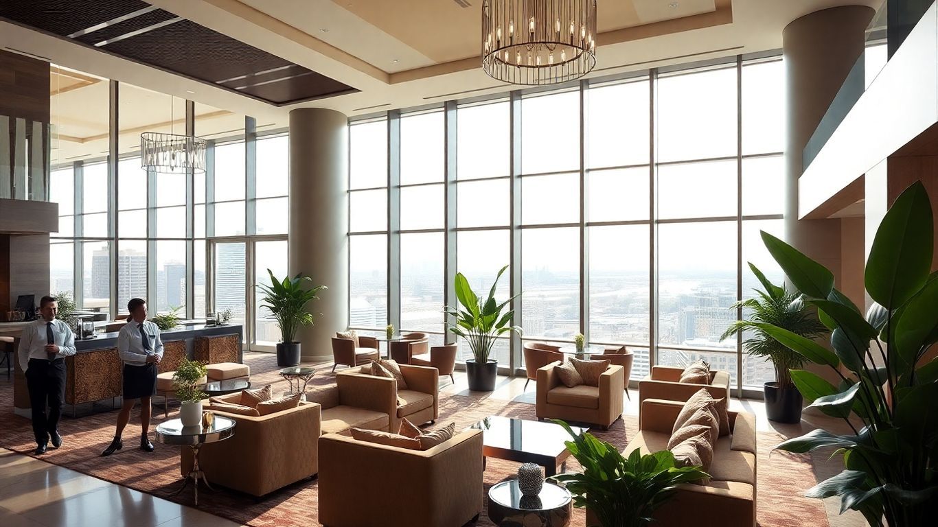 Hotel Meliá Kuala Lumpur lobby with city view and greenery.