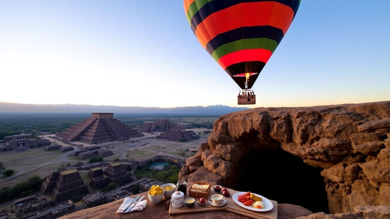 Hot air balloon over pyramids with breakfast near cave.