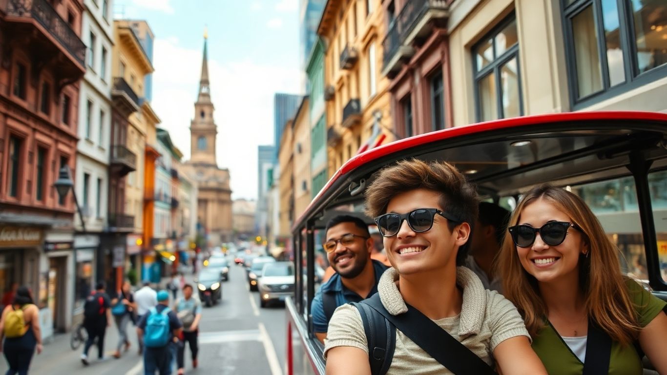 Cityscape with tour bus and happy travelers
