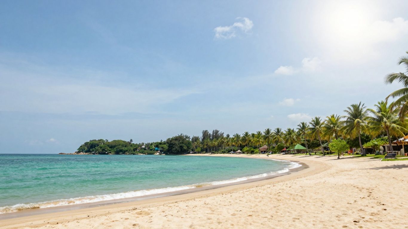 Teluk Cempedak beach with palm trees and clear water.