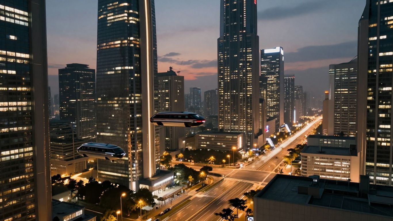 Futuristic cityscape at dusk with hovering vehicles.