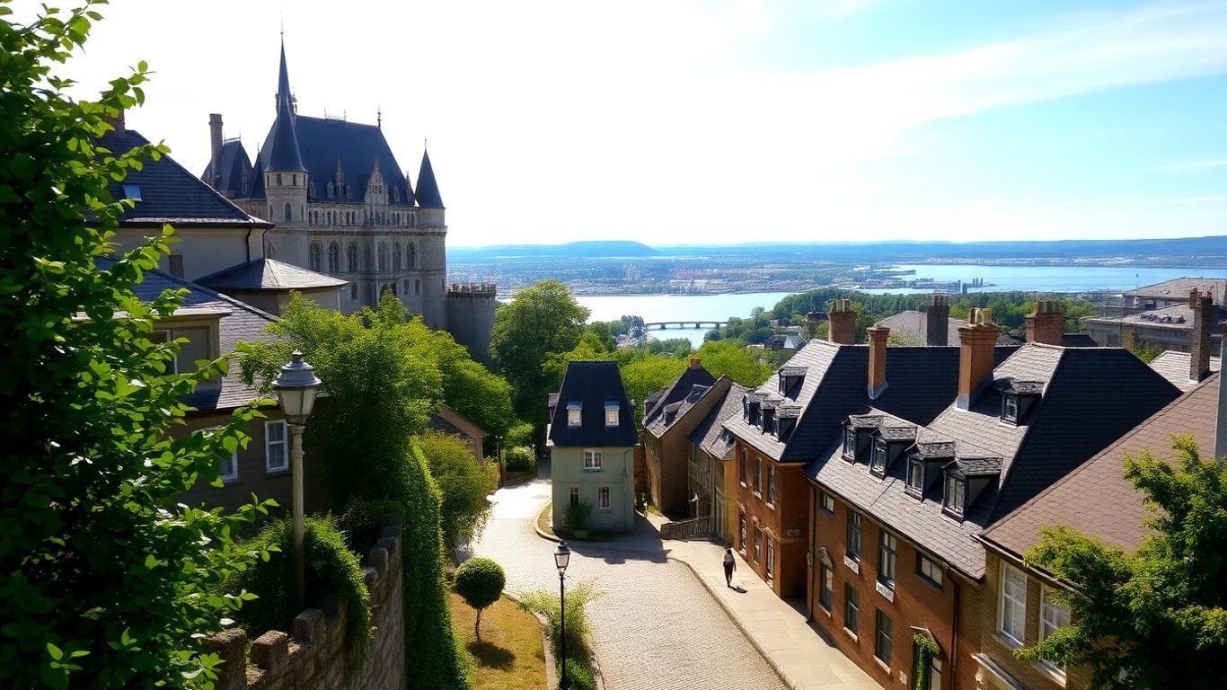 Historic Quebec City skyline with Château Frontenac and river.