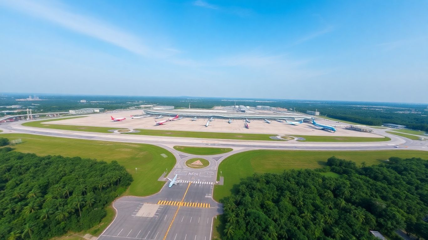 Kuala Lumpur International Airport aerial view with planes and terminals.