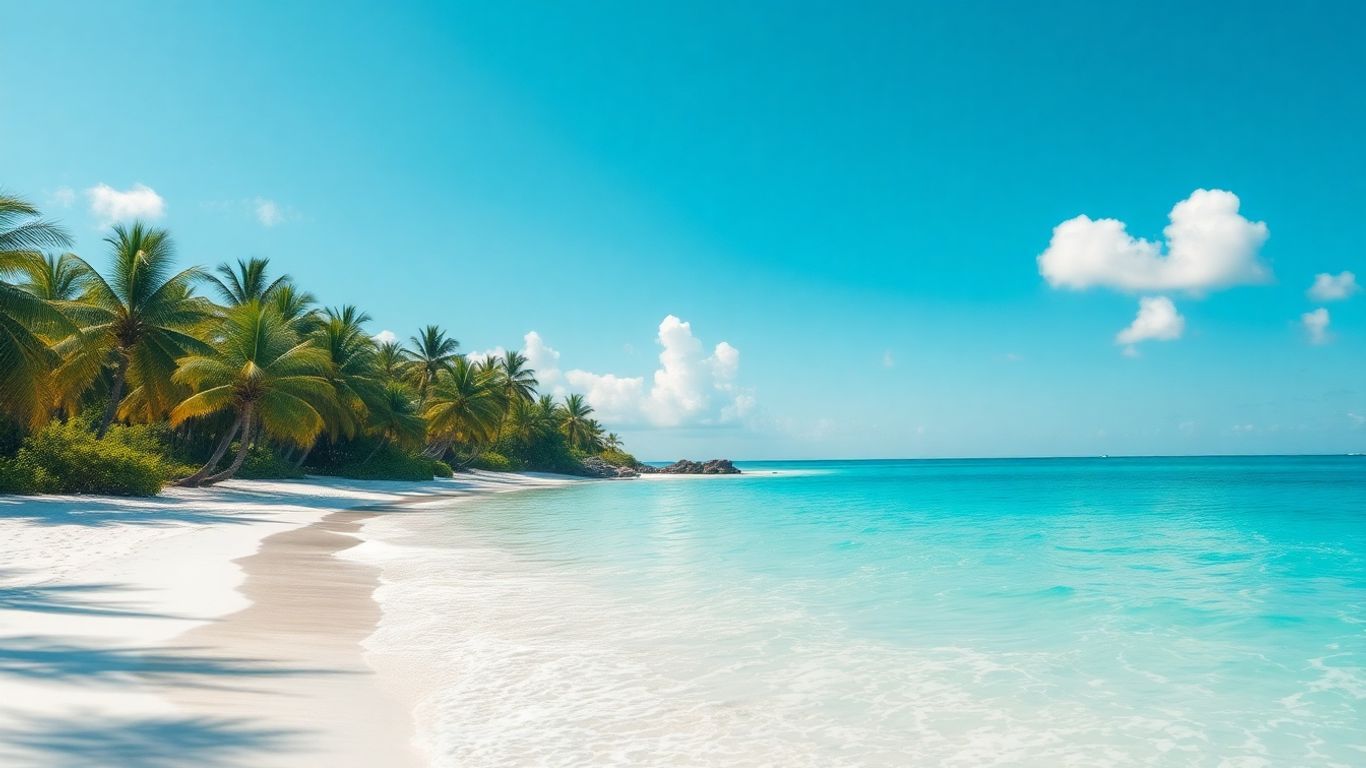 Turtle Beach, Malaysia: White sand, turquoise water, palm trees.