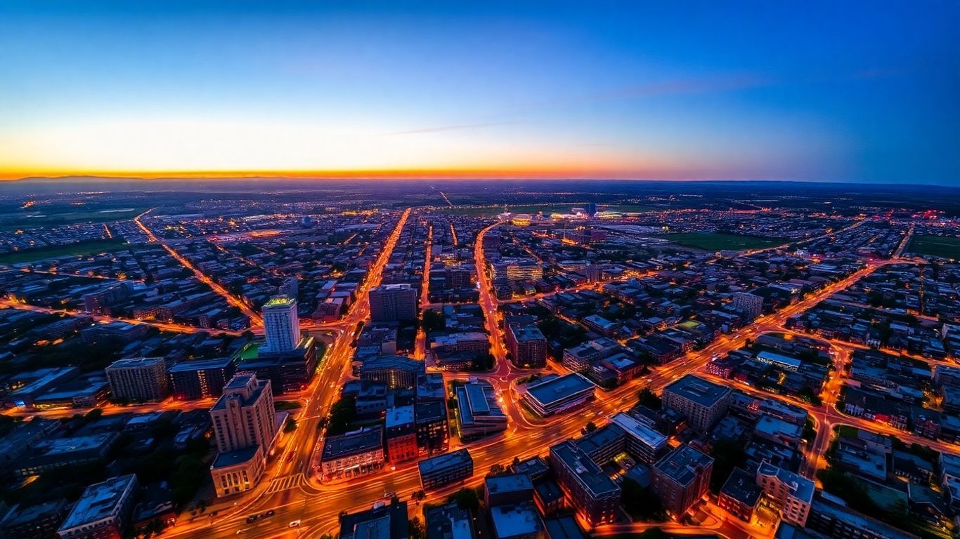 Aerial view of a Texas city at sunset.