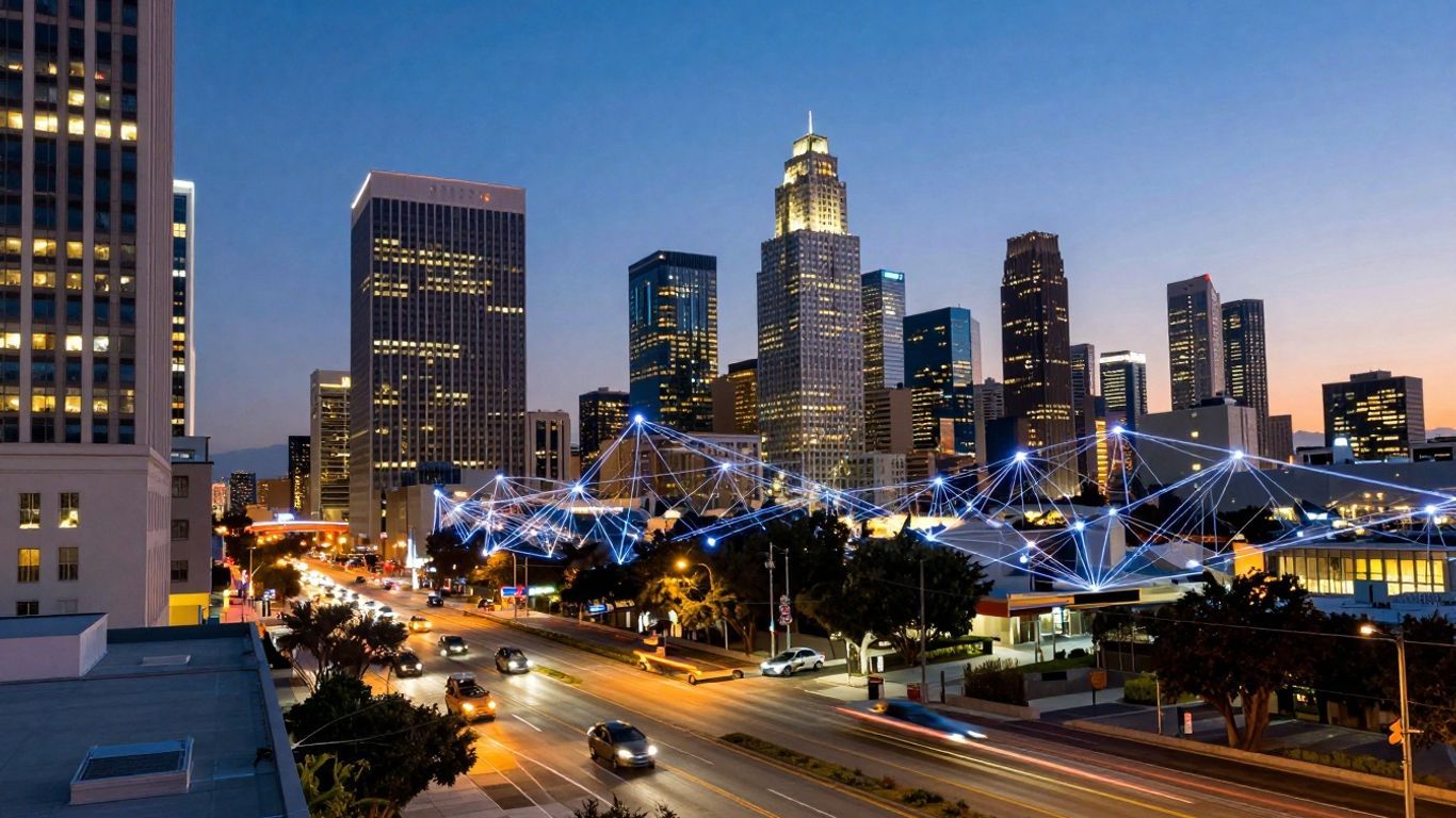 Los Angeles cityscape with digital network connections.