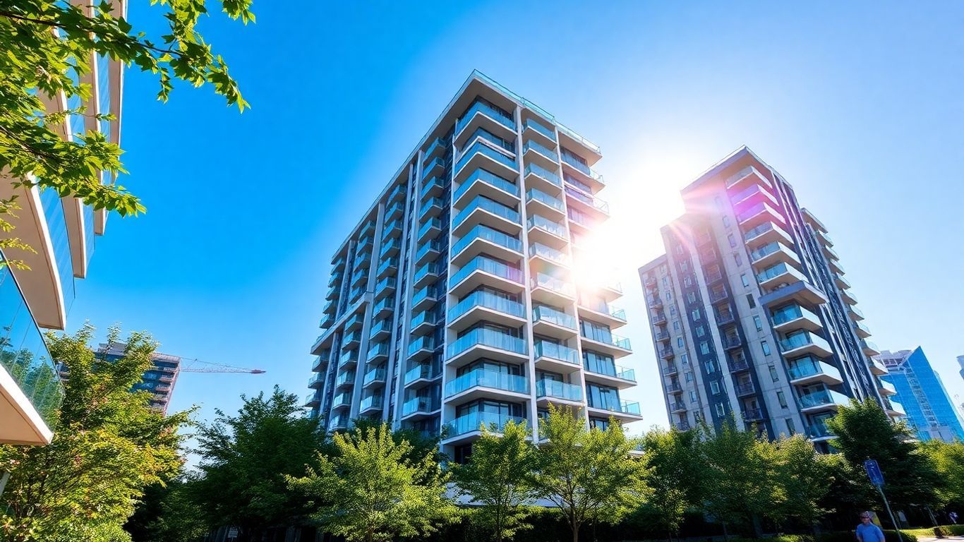 Modern residential building with sleek architecture and green landscaping.