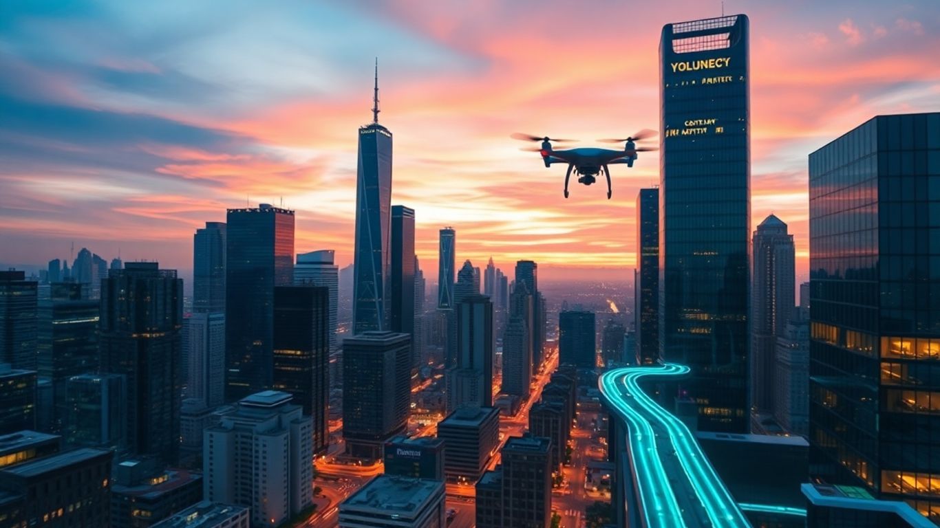 Futuristic cityscape with drones and illuminated pathways.