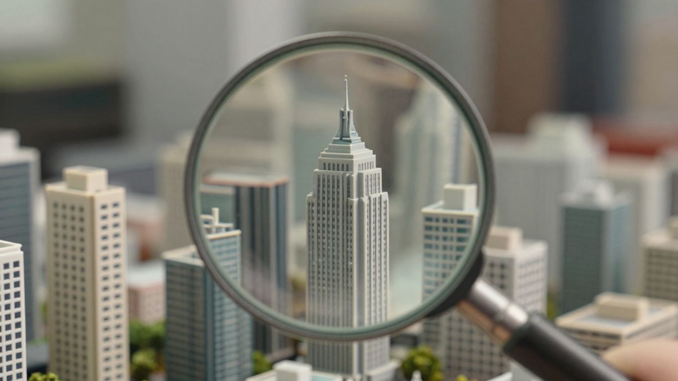 Magnifying glass over a city, journal impact factor concept.