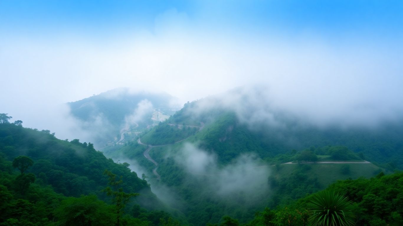 Misty mountain road winding through lush green highlands.