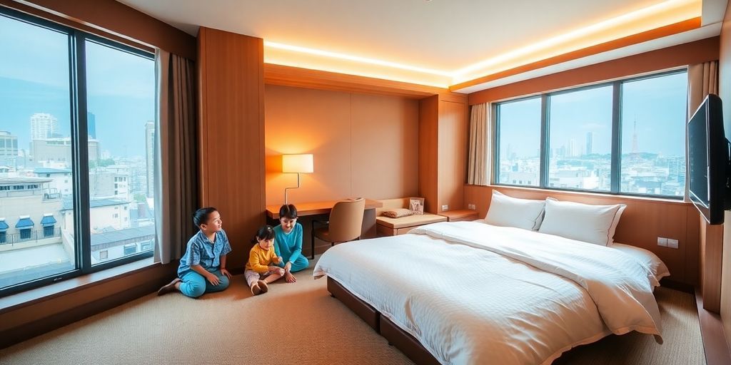 Cozy family room in a Tokyo hotel with skyline view.