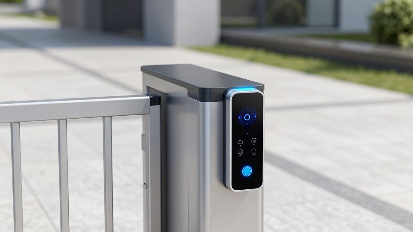 Smart gate automation system with glowing sensors.