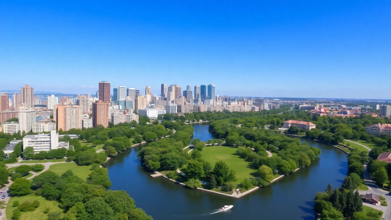 Affordable US cities skyline with parks and river.