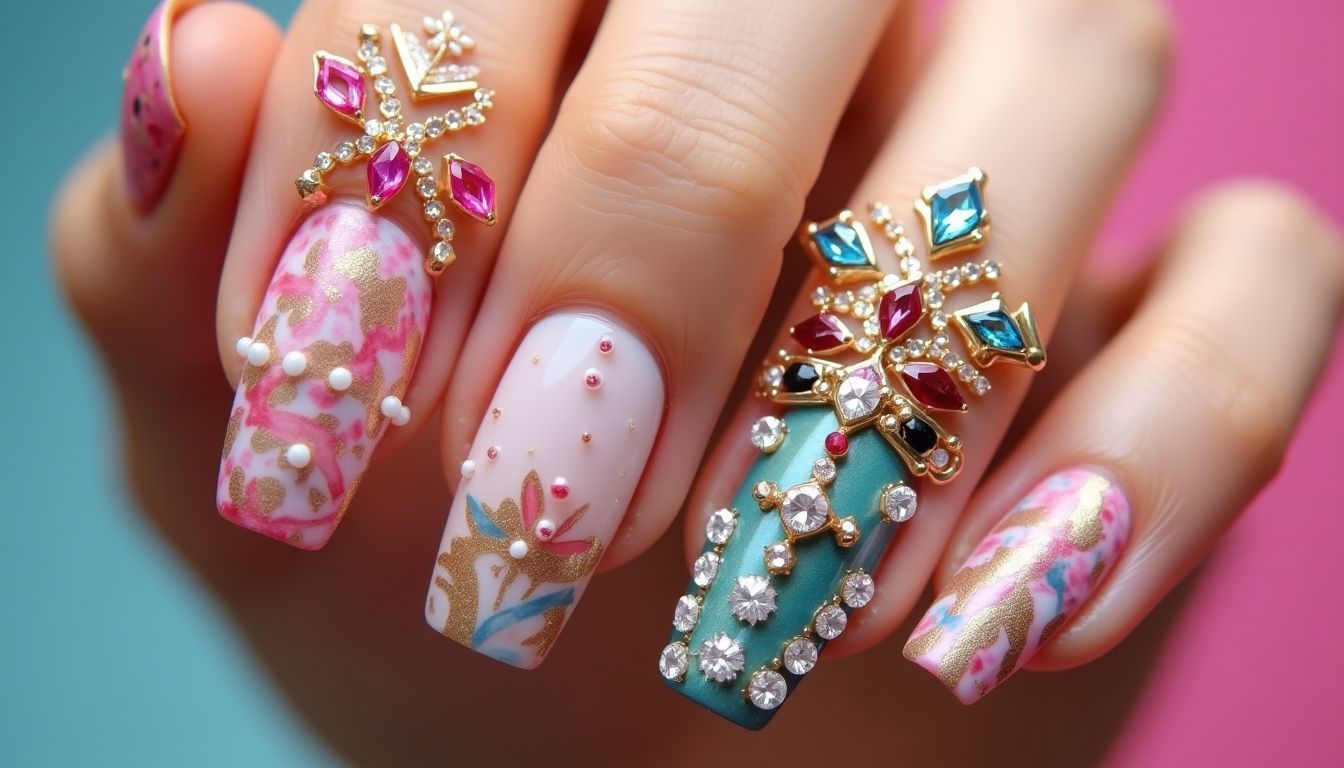 Colorful nail designs showcasing 2025 trends in nail art.