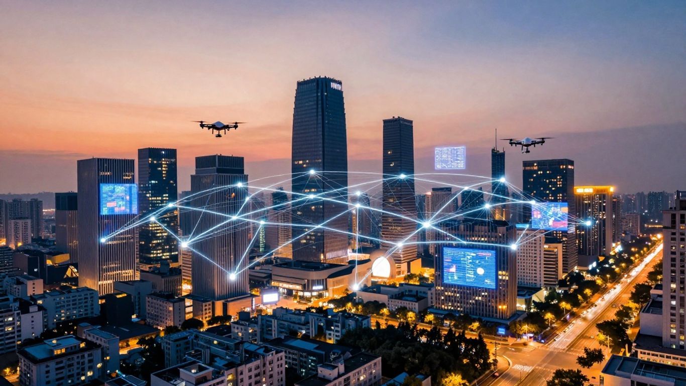 Futuristic smart city skyline with glowing digital network.